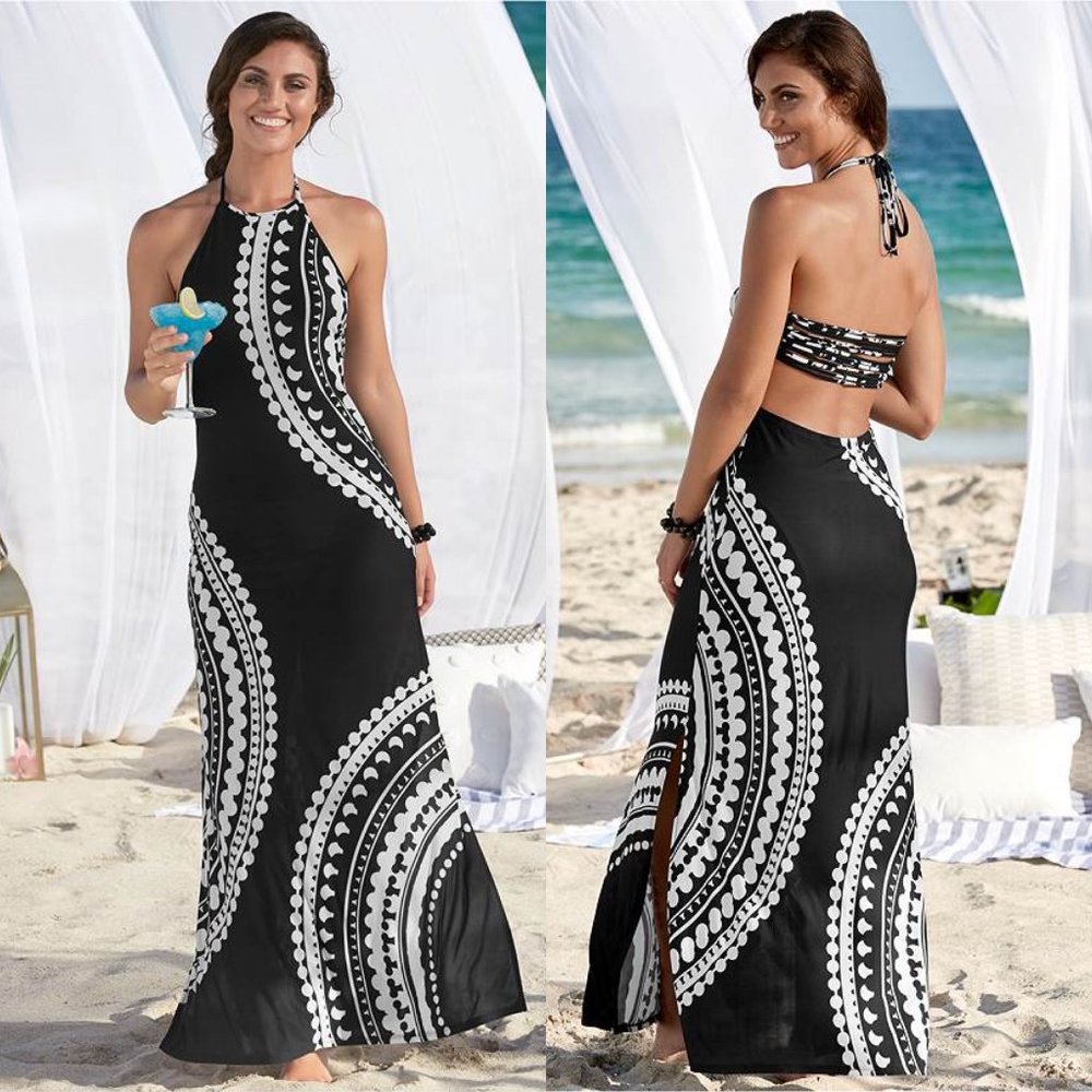 Venus Strappy Maxi Dress In Black in White Style: L21519